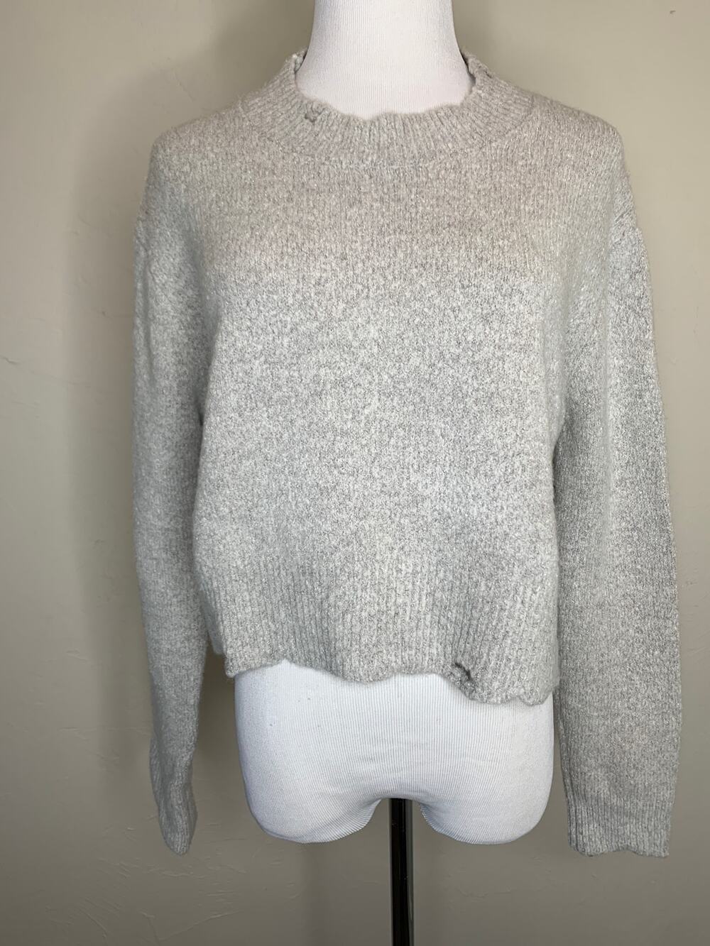 Zara Gray Distressed Cropped Sweater Sz Medium